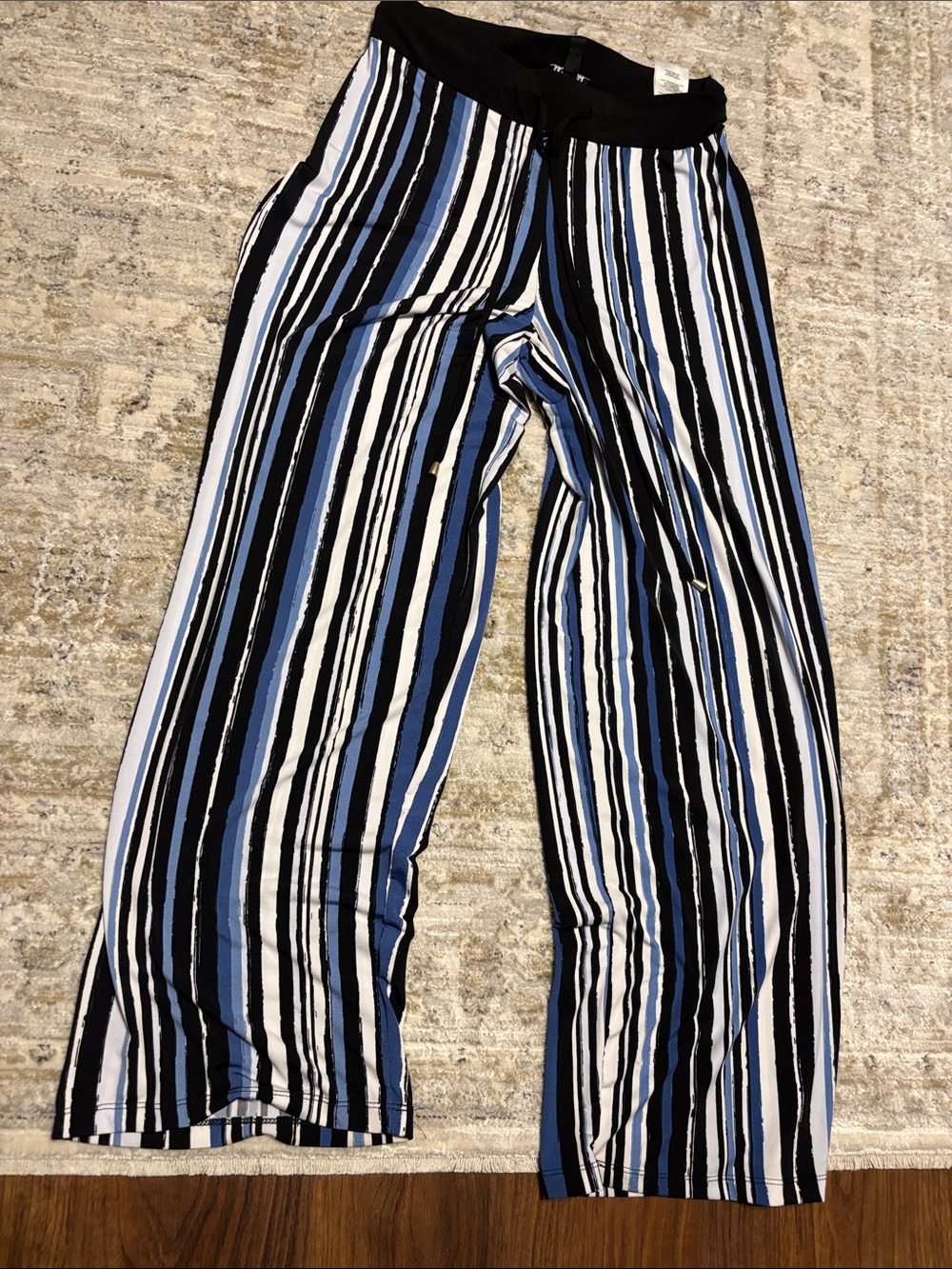 Jones New York Black, White & Blue Striped Wide-Leg Pants